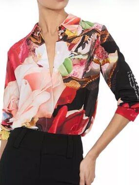 Alice + Olivia  Willa Floral Button-Down Blouse in Red, Pink & Black M